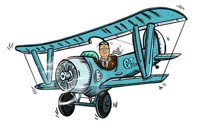 Comiczeichnung von Guido in einem Flugzeug